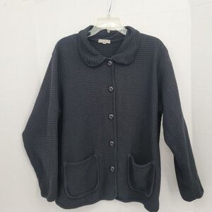 Focus Women Black Waffle Long Sleeve Peter Pan Collar Shaket M Cotton Minimalist